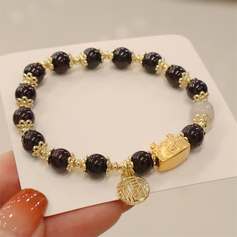 KarmaRipple's Year Of The Dragon Red Agate Strawberry Quartz Black Obsidian Jade Garnet Pearl Cinnabar Dumpling Dragon Fortune Fu Character Bracelet p48