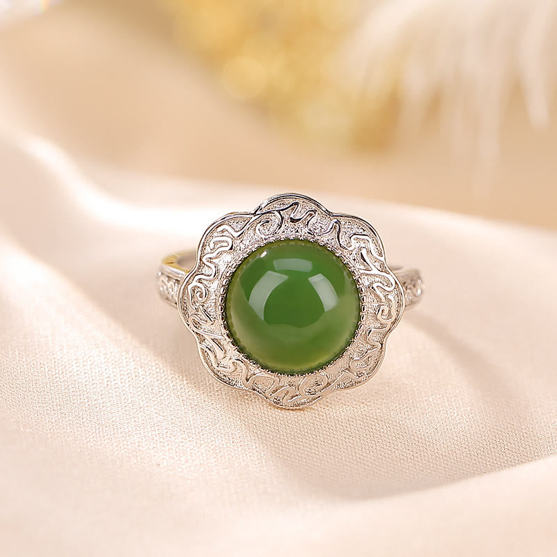KarmaRipple's 925 Sterling Silver Hetian Cyan Jade Flower Design Fortune Adjustable Ring p3