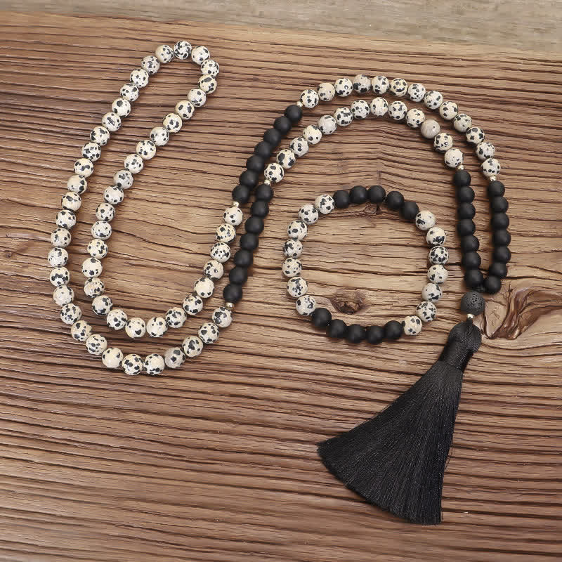 KarmaRipple's 108 Mala Beadwork Zebra Jasper Frosted Stone Protection Tassel Bracelet ( p4