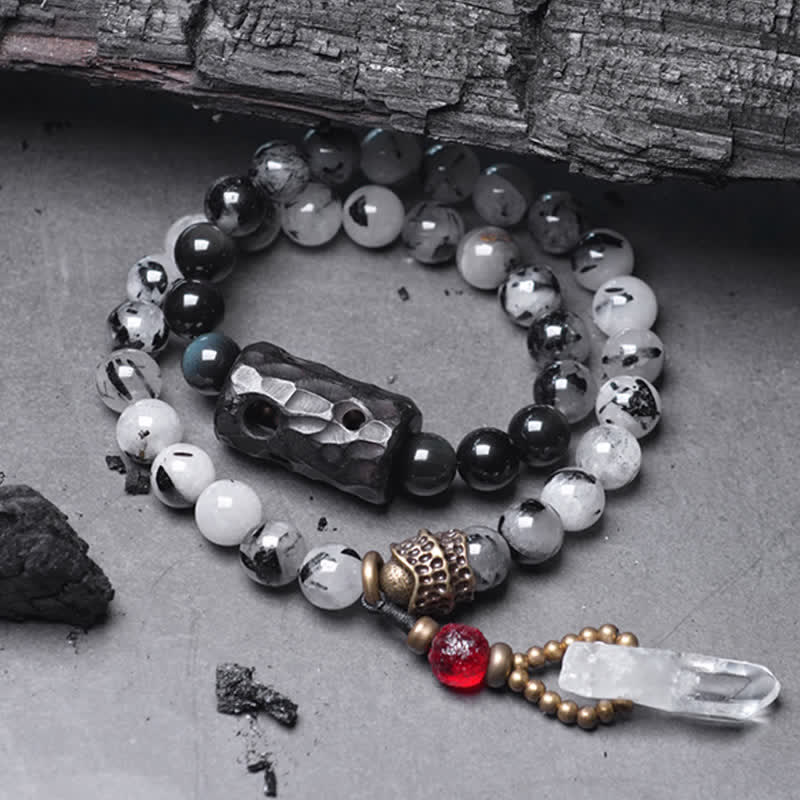 KarmaRipple's Black Rutilated Quartz Ebony Wood Ivory Gemstone Success Pair Bracelet p1