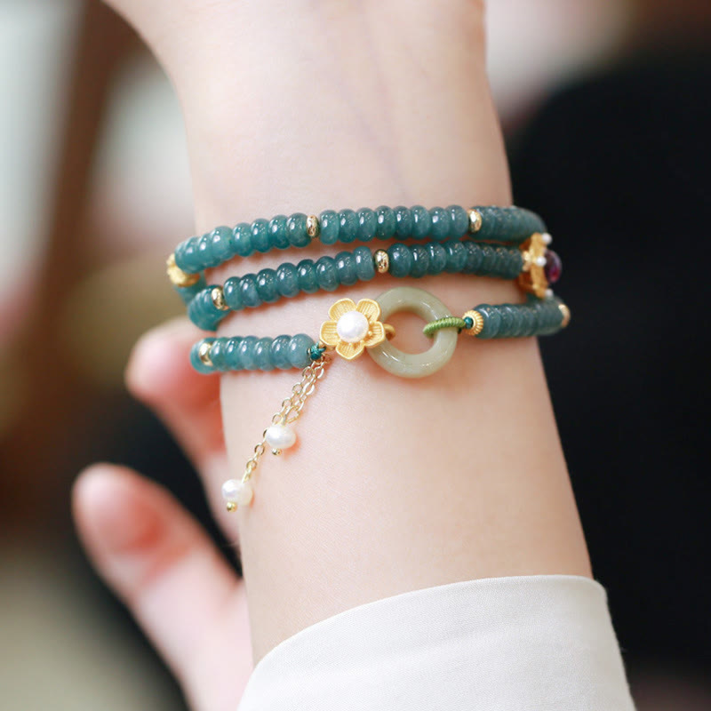 KarmaRipple's 925 Sterling Silver Gold Plated Cyan Jade Flower Peace Buckle Success Triple Wrap Bracelet p4