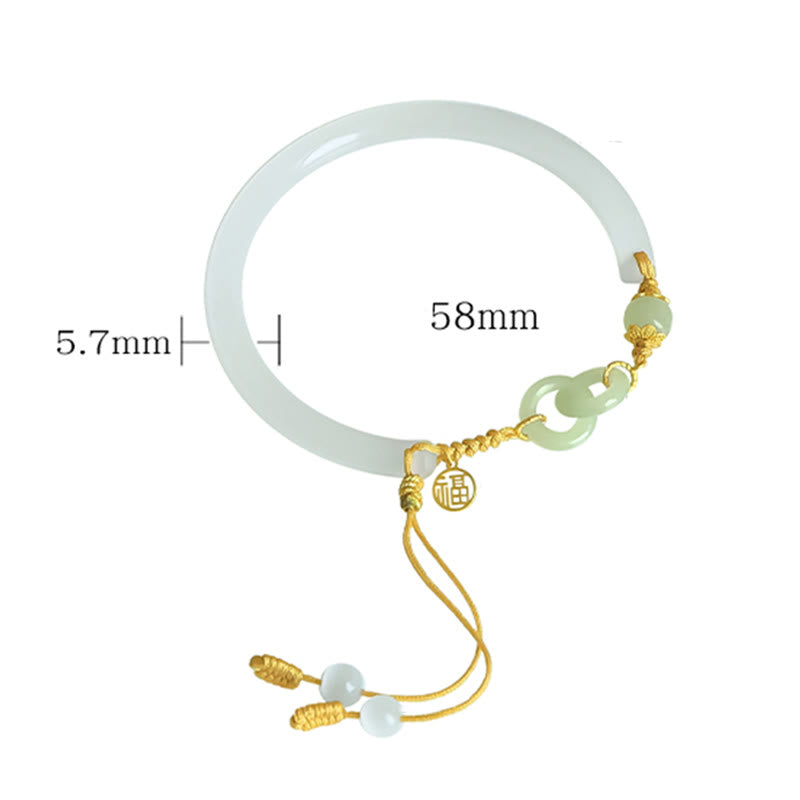 KarmaRipple's 925 Sterling Silver Authentic Ivory Agate Hetian Jade Double Peace Buckle Fu Character Bracelet Bangle p12