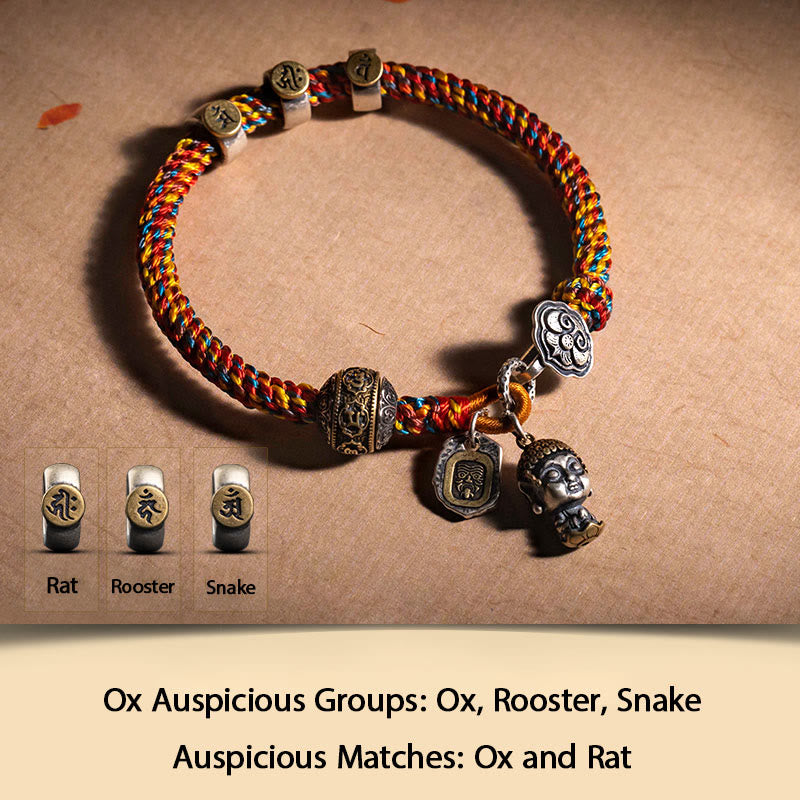 KarmaRipple's Handmade Tibetan 925 Sterling Silver Chinese Zodiac Natal Buddha Zakiram Goddess of Wealth Protection Multicolored Rope Woven Bracelet p38