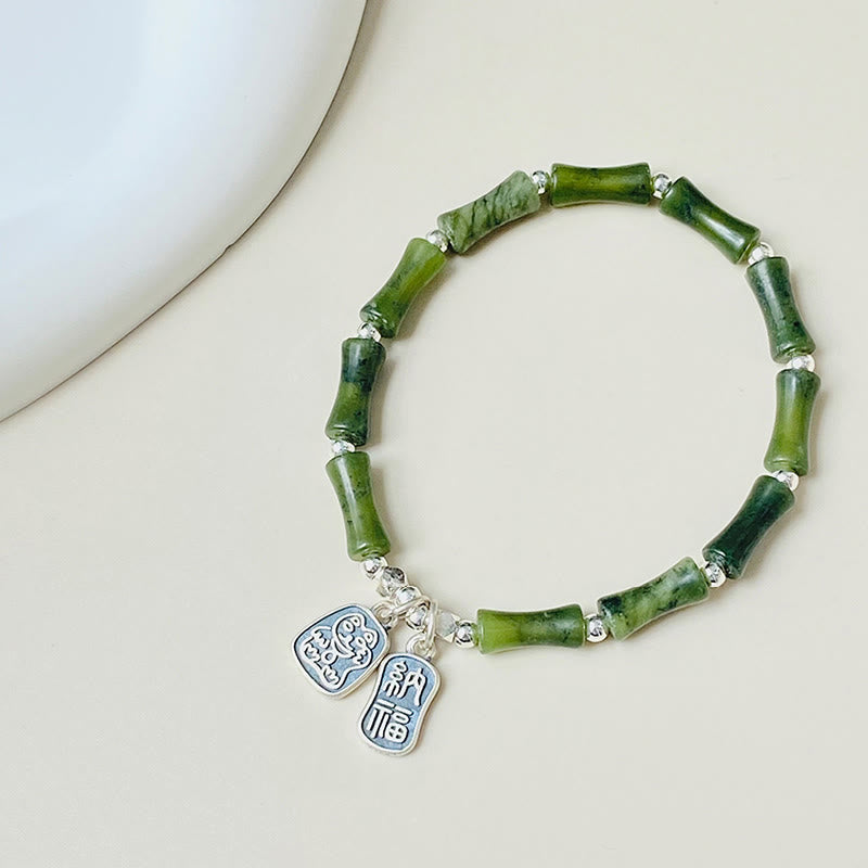 KarmaRipple's 925 Sterling Silver Bamboo Jade Fortunate Cat Fu Character Fortune Abundance Bracelet p8