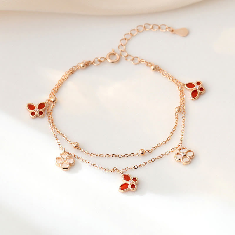 KarmaRipple's 925 Sterling Silver Red Agate Tridacna Stone Butterfly Four Leaf Clover Calm Bracelet Pendant Necklace Set p3