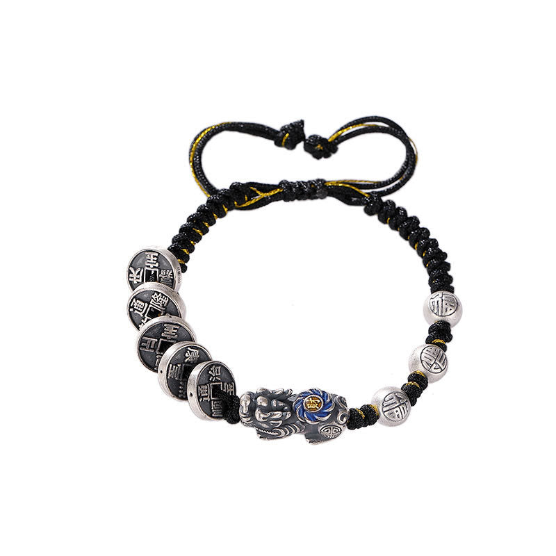 KarmaRipple's 999 Sterling Silver FengShui PiXiu Bronze Coin Fu Character Wealth Woven Bracelet p9