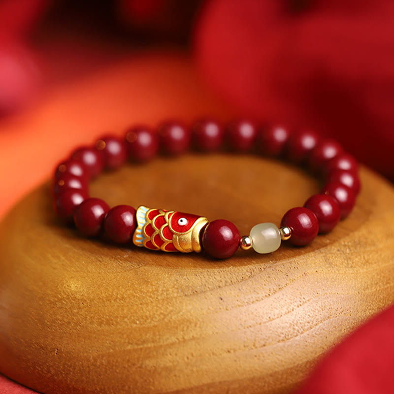 KarmaRipple's Authentic Cinnabar Fortunate Koi Fish Hetian Jade Bead Blessing Bracelet p3