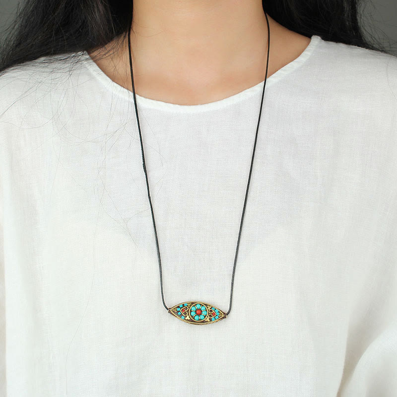 KarmaRipple's Tibet Turquoise Bead Marquise Pattern Protection Strength Pendant Necklace p9