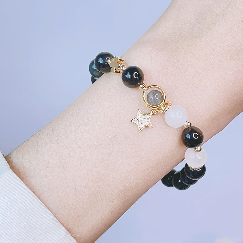 KarmaRipple's Authentic Silver Sheen Obsidian Love Heart Star Flower Protection Bracelet ( p10