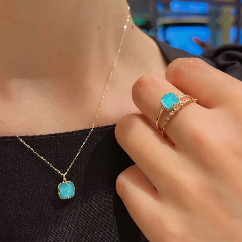 KarmaRipple's 925 Sterling Silver Plated Gold Turquoise Protection Ring Earrings Pendant Necklace Set p13