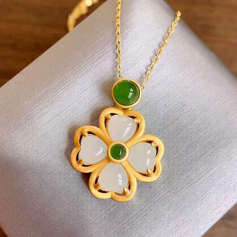 KarmaRipple's 925 Sterling Silver Fortunate Four Leaf Clover Jade Prosperity Pendant Chain Necklace p13