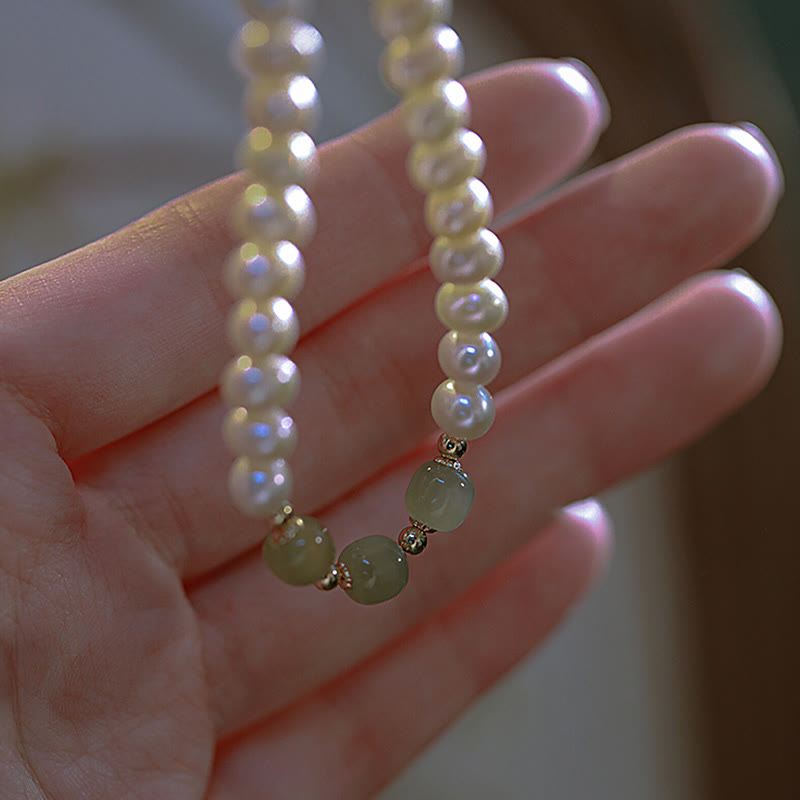 KarmaRipple's 14K Gold Plated Authentic Pearl Hetian Cyan Jade Ivory Jade Sincerity Bead Chain Bracelet p3