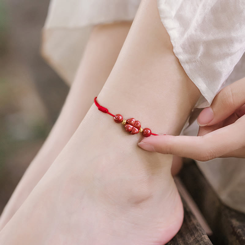KarmaRipple's Four Leaf Clover Cinnabar Blessing Calm String Bracelet Anklet p14