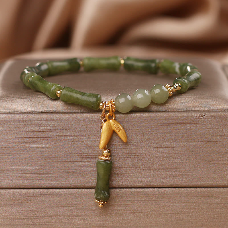 KarmaRipple's Green Bamboo Jade Leaf Pattern Wealth Fortune Bracelet p1