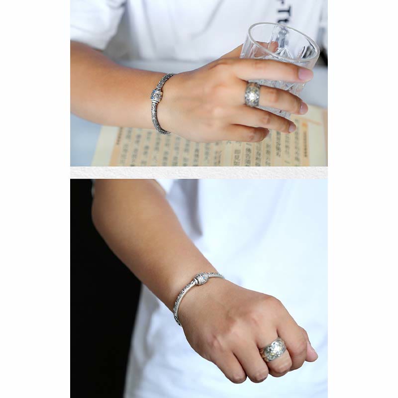 KarmaRipple's 990 Sterling Silver Tibetan Auspicious Clouds Om Mani Padme Hum Engraved Creativity Bracelet Bangle p16