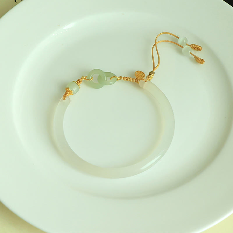 KarmaRipple's 925 Sterling Silver Authentic Ivory Agate Hetian Jade Double Peace Buckle Fu Character Bracelet Bangle p8