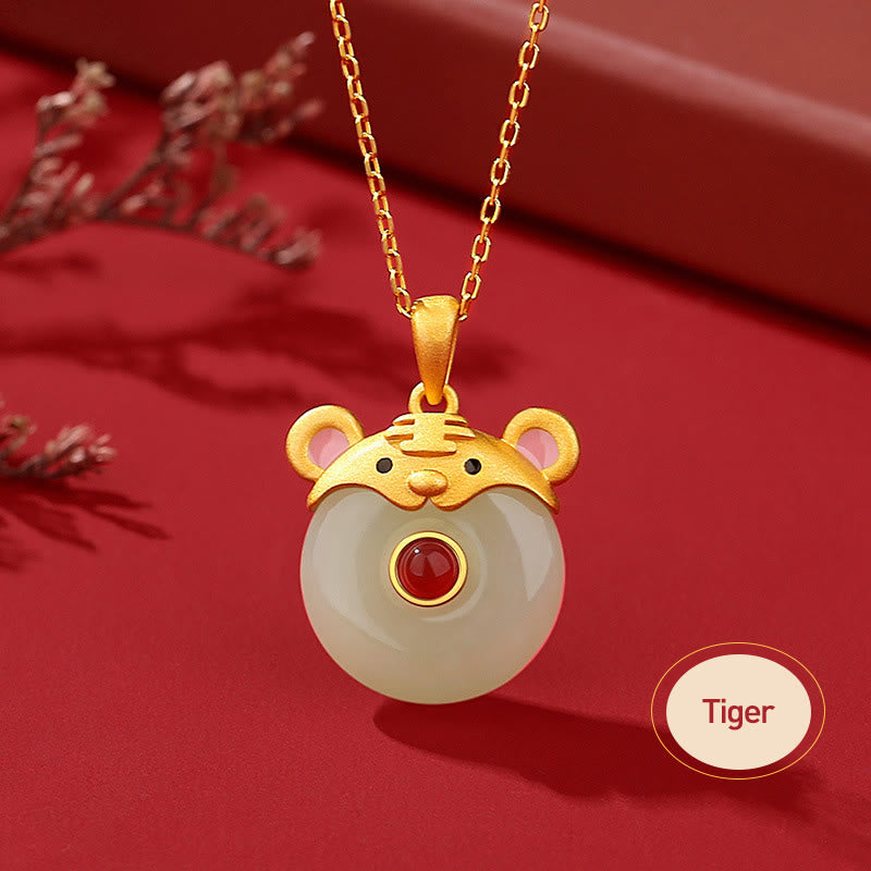 KarmaRipple's 925 Sterling Silver Hetian Jade Chinese Zodiac Year of the Dragon Red Agate Fortune Protection Pendant Necklace ( p4