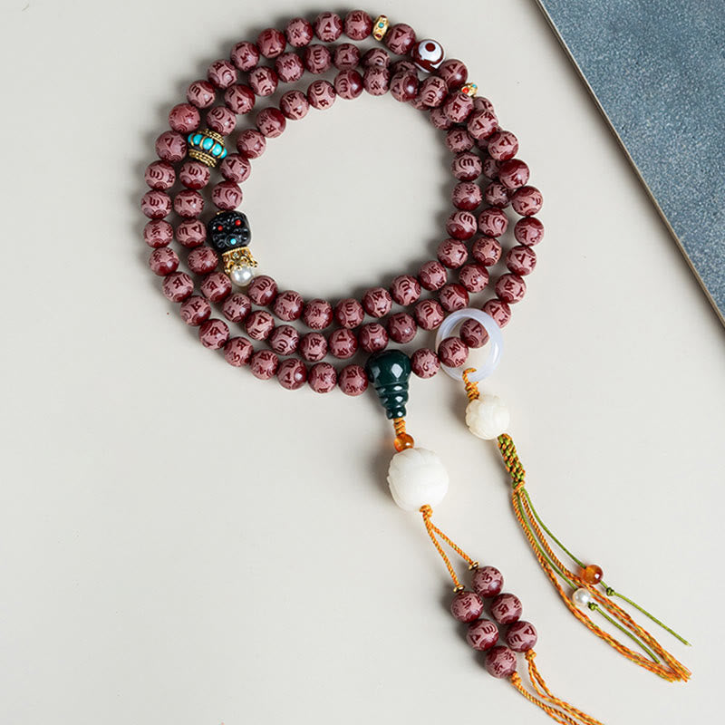 KarmaRipple's Red Bodhi Seed Om Mani Padme Hum Lotus Engraved Balance Bracelet p11