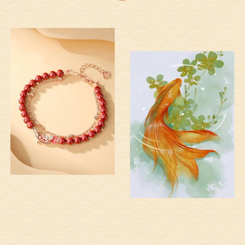 KarmaRipple's 925 Sterling Silver Fortunate Koi Fish Cinnabar Zircon Prosperity Double Layer Chain Bracelet p11