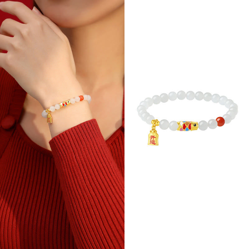 KarmaRipple's 925 Sterling Silver Hetian Ivory Jade Red Agate Koi Fish Fortune Happiness Bracelet p10