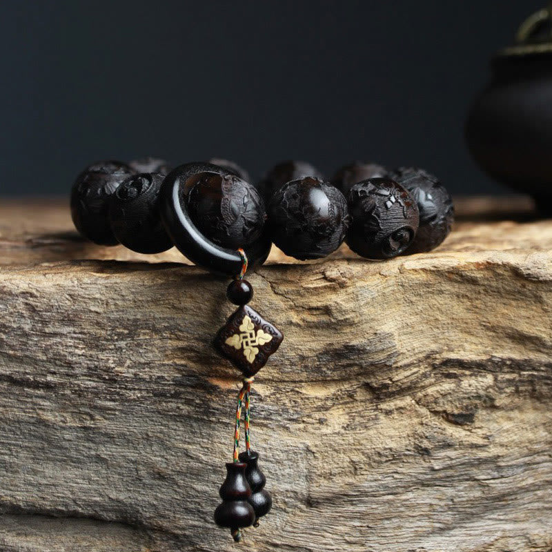 KarmaRipple's Ebony Wood Chinese Character Yin Yang Engraved Gourd Balance Bracelet p3