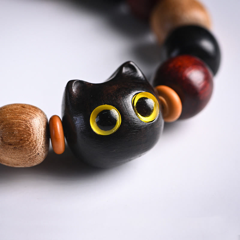KarmaRipple's Small Leaf Red Sandalwood Ebony Wood Cute Cat Engraved Protection Bracelet p9