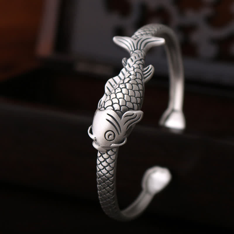 KarmaRipple's 990 Sterling Silver Koi Fish Lotus Fortune Wealth Bracelet Bangle p9