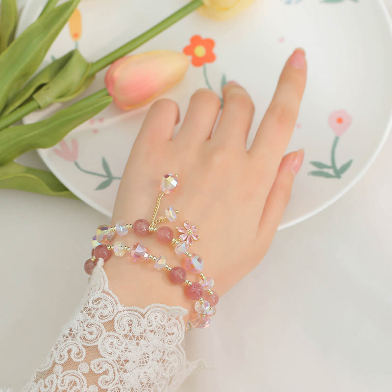 KarmaRipple's Strawberry Quartz Zircon Flower Balancing Double Wrap Bracelet p4