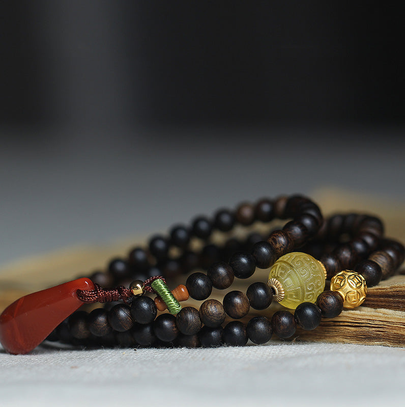 KarmaRipple's 999 Gold Nha Trang Heiqinan Agarwood Amber Red Agate Strength Meditation Bracelet p8