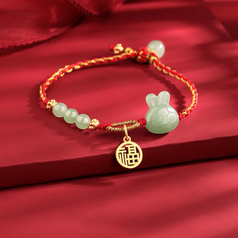 KarmaRipple's 925 Sterling Silver Year of the Rabbit Hetian Jade Happiness Fortune Red String Bracelet p2