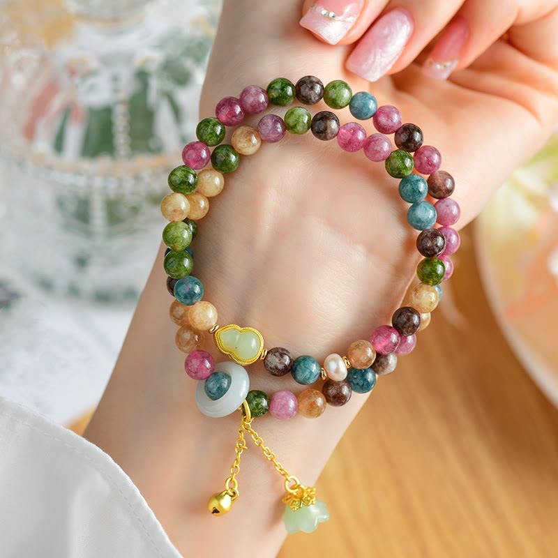 KarmaRipple's Multicolored Tourmaline Gourd Wisdom Double Wrap Lily Of The Valley Talisman Bracelet p1