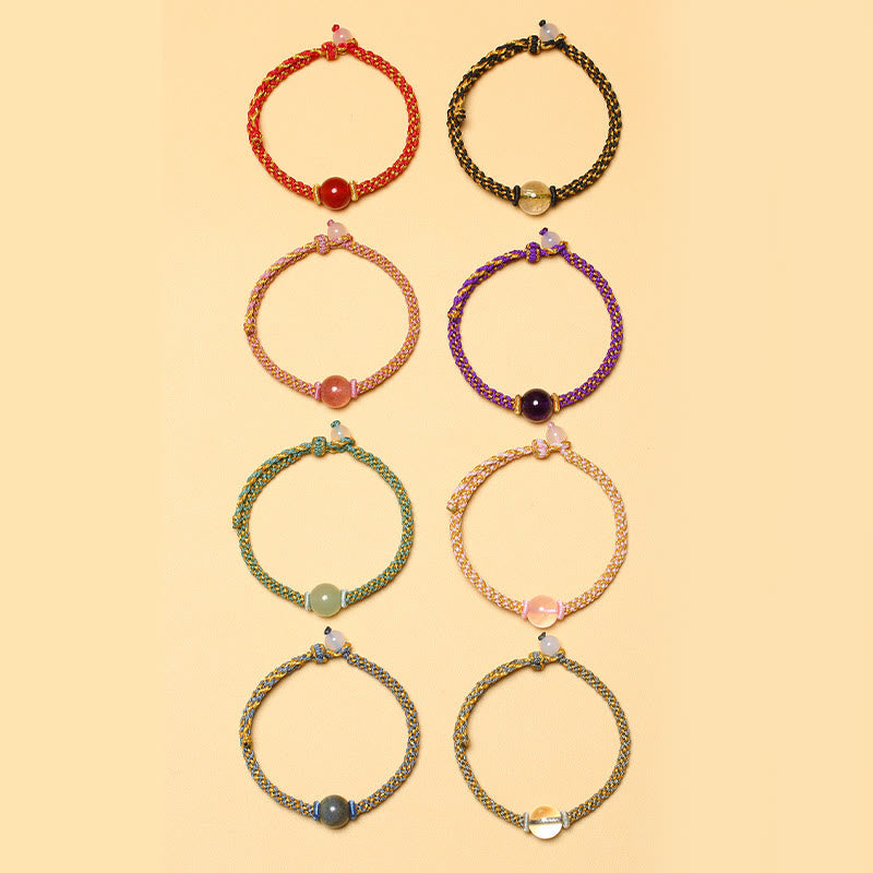 KarmaRipple's Handmade Red Agate Amethyst Golden Rutilated Quartz Pink Gemstone Bead Calm Woven Bracelet p35