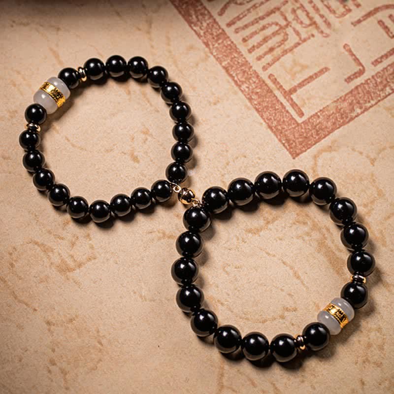KarmaRipple's Black Obsidian Jade Om Mani Padme Hum Strength Pair Magnetic Bracelet p23