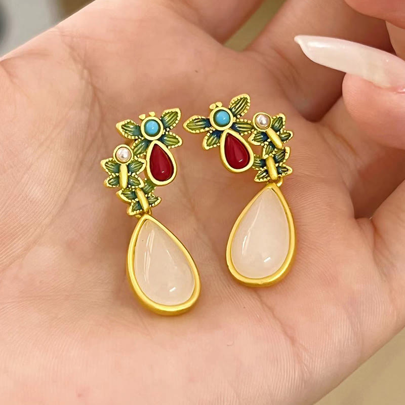 KarmaRipple's Water Drop Ivory Jade Red Agate Butterfly Protection Drop Dangle Earrings p11