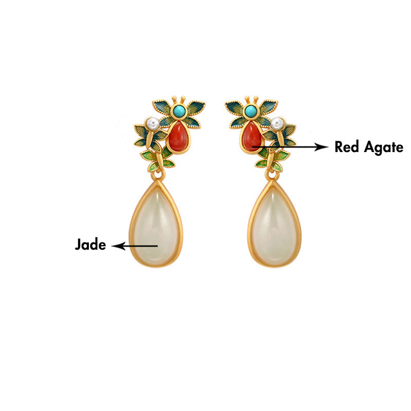 KarmaRipple's Water Drop Ivory Jade Red Agate Butterfly Protection Drop Dangle Earrings p14