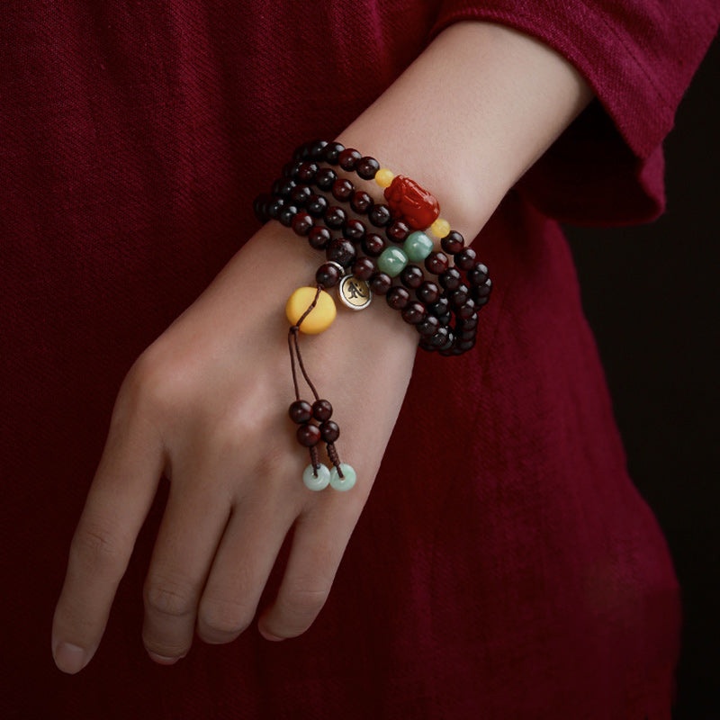 KarmaRipple's Chinese Zodiac Natal Buddha 108 Mala Beadwork Small Leaf Red Sandalwood Red Agate PiXiu Protection Bracelet p15