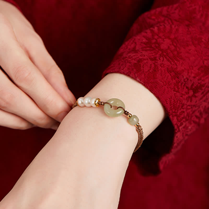 KarmaRipple's Authentic Hetian Jade Pearl Peace Buckle Fortune Bracelet p11