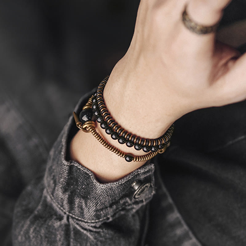 KarmaRipple's Rainbow Obsidian Ebony Wood Bronze Balancing Triple Wrap Bracelet p10