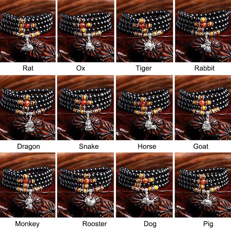 KarmaRipple's Chinese Zodiac 108 Beadwork Black Obsidian Tiger Eye Fortune Mala Bracelet p19