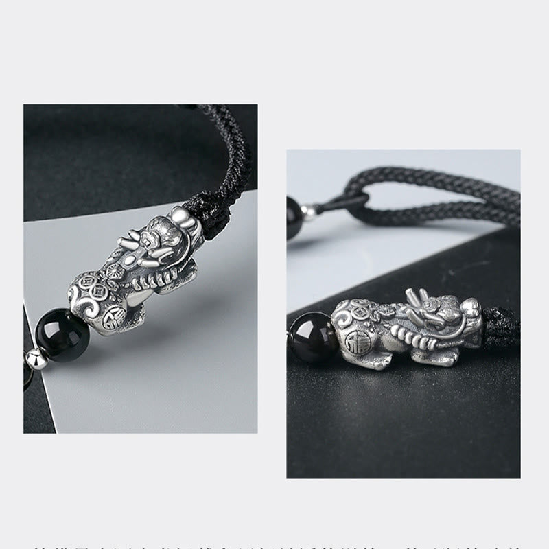 KarmaRipple's 999 Sterling Silver FengShui PiXiu Authentic Black Obsidian 925 Sterling Silver Bead Strength Bracelet p6