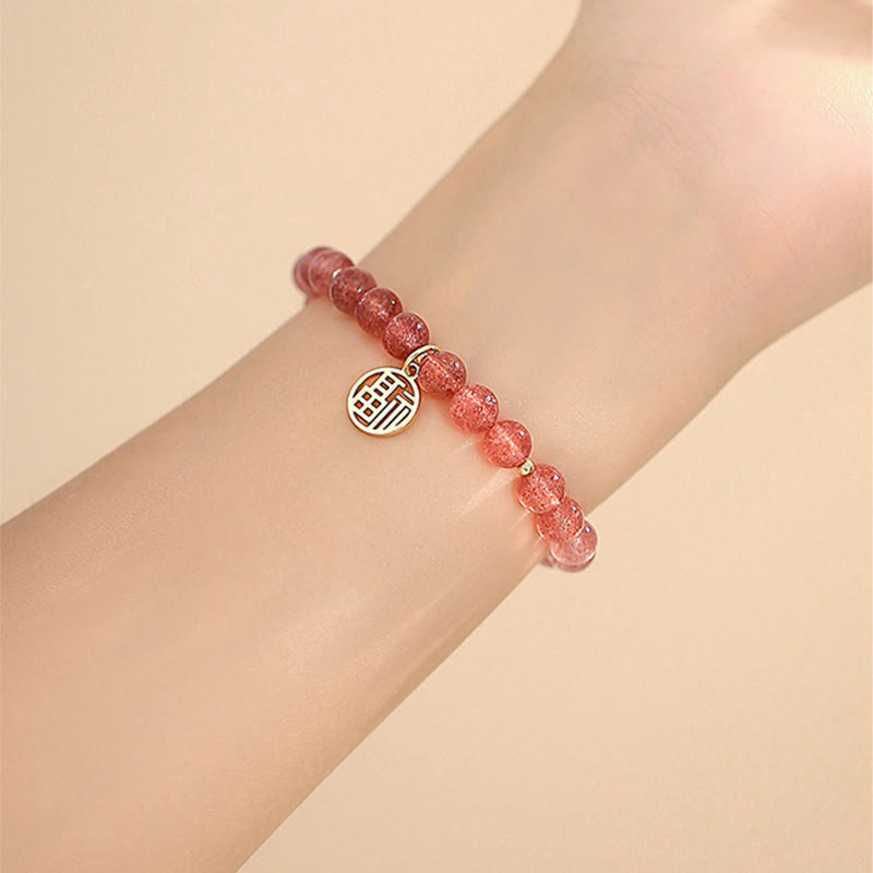 KarmaRipple's 14K Gold Plated Strawberry Quartz Fu Character Balancing Talisman Bracelet p11