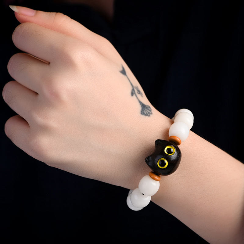 KarmaRipple's Authentic Bodhi Seed Small Leaf Red Sandalwood Ebony Wood Cute Fortunate Cat Wisdom Bracelet p11