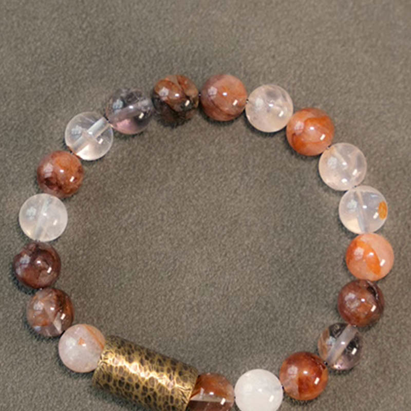 KarmaRipple's Ivory Gemstone Red Hematoid Quartz Gold Rutilated Quartz Purple Phantom Protection Bracelet p14