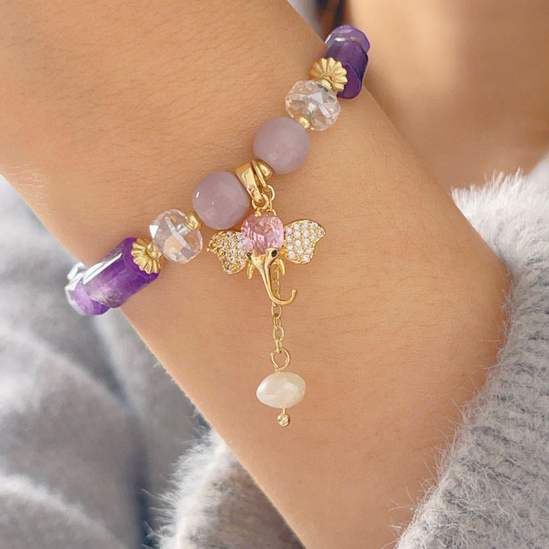KarmaRipple's Amethyst Green Aventurine Strawberry Quartz Positive Elephant Talisman Bracelet p8