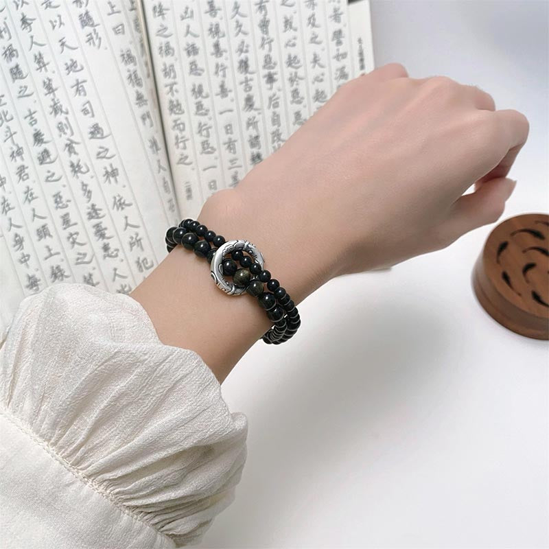 KarmaRipple's 999 Sterling Silver Black Obsidian Fulfillment Strength Double Layer Bracelet p6