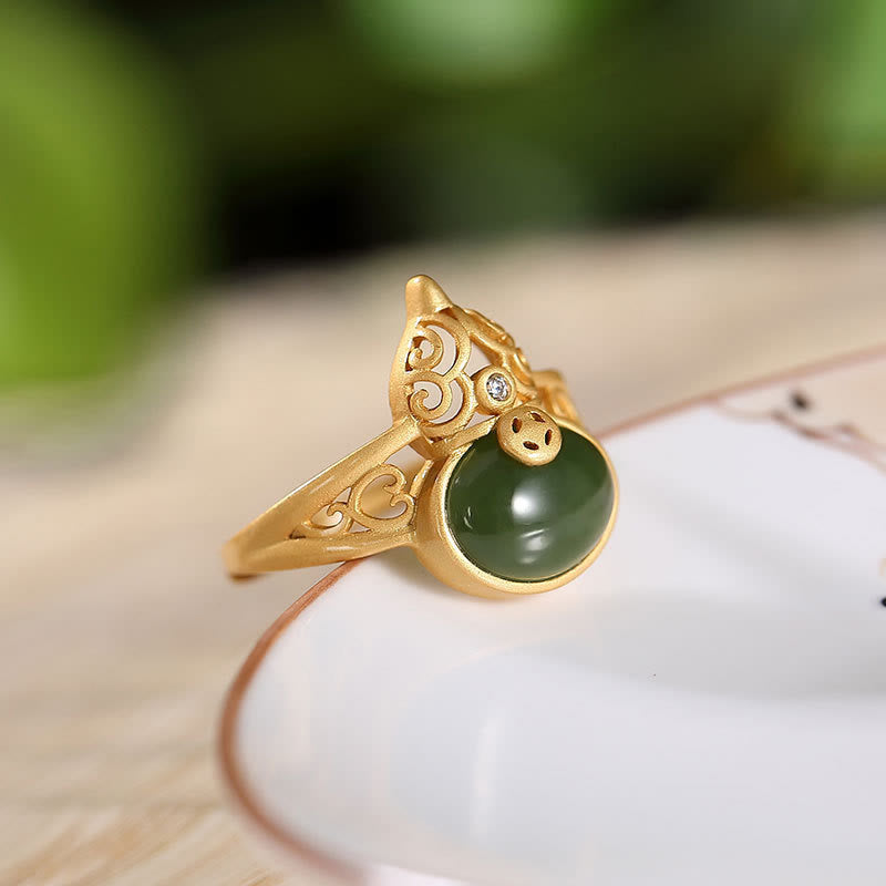 KarmaRipple's Gourd Cyan Jade Bronze Coin Success Fortune Adjustable Ring p3
