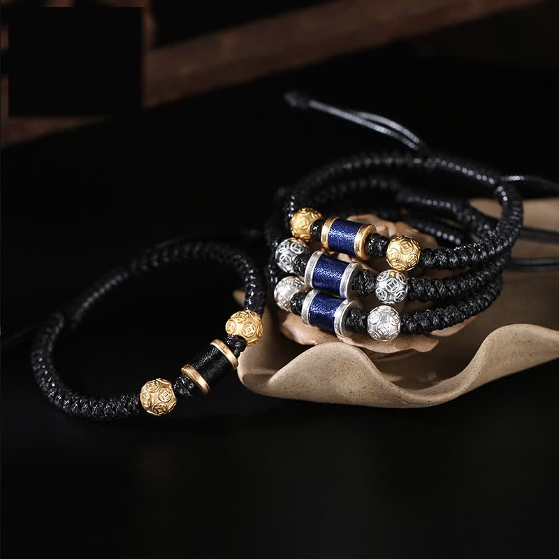 KarmaRipple's 999 Sterling Silver Bronze Coin Bead Bronze Balance Woven String Bracelet p13
