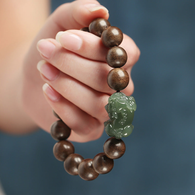 KarmaRipple's 925 Sterling Silver Brunei Agarwood PiXiu Jade Peace Strength Bracelet p3