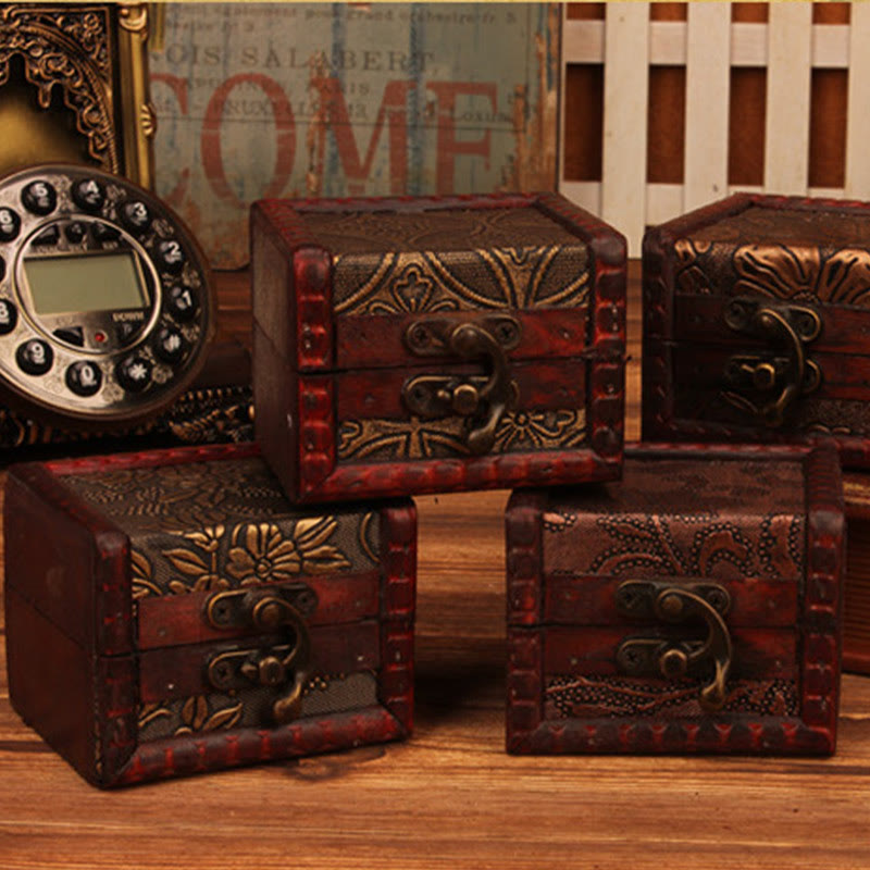 KarmaRipple's Retro Small Square Wood Jewelry Box Lotus Grass Flower Grape Bronze Coin Daffodil Jewelry Storage Box p23