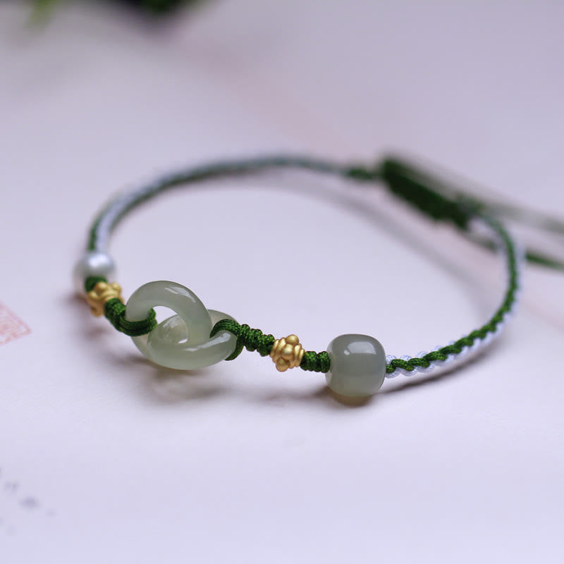 KarmaRipple's 925 Sterling Silver Hetian Jade Double Peace Buckle Fortune Woven Bracelet p3